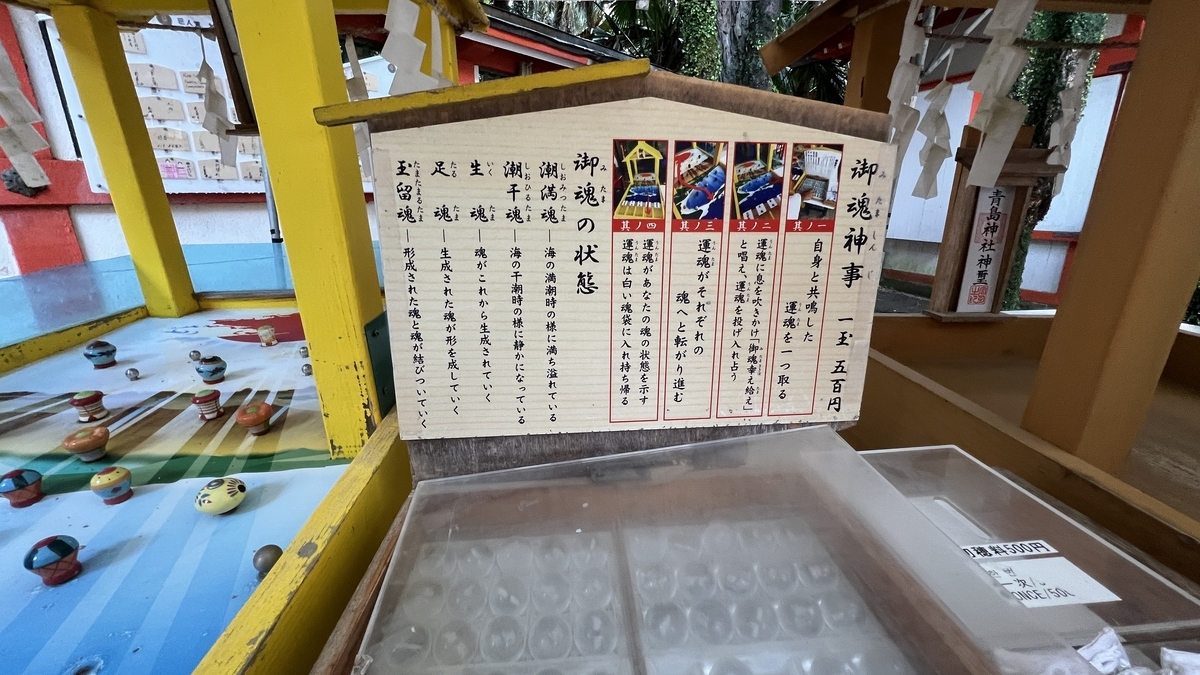 御魂神事の案内板と台が並ぶ様子 御魂の状態についての説明が掲示されている