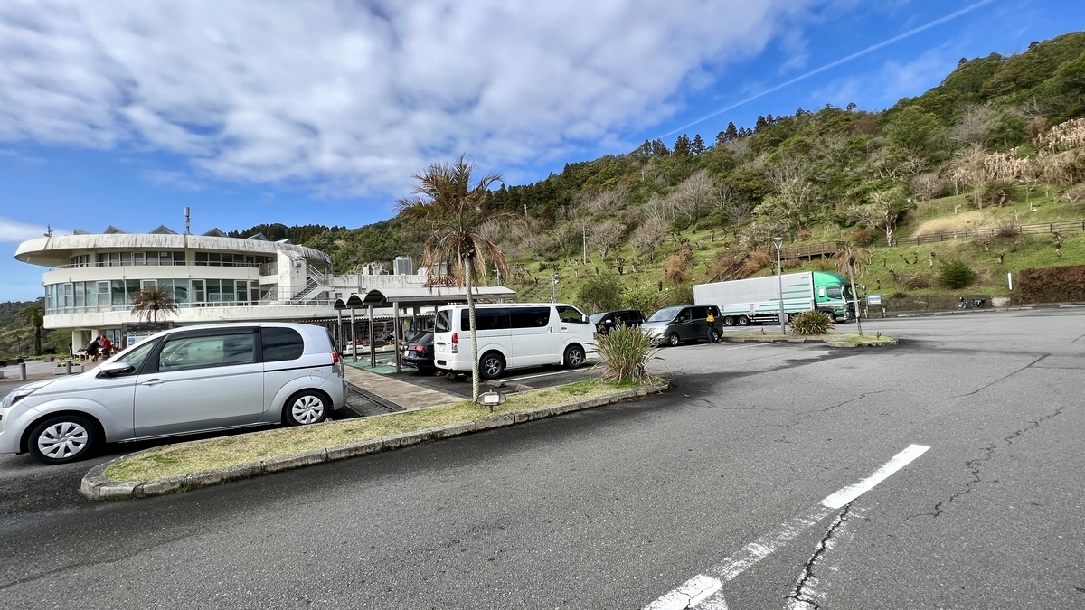 駐車場脇の道路とその向こうに広がる海の景色