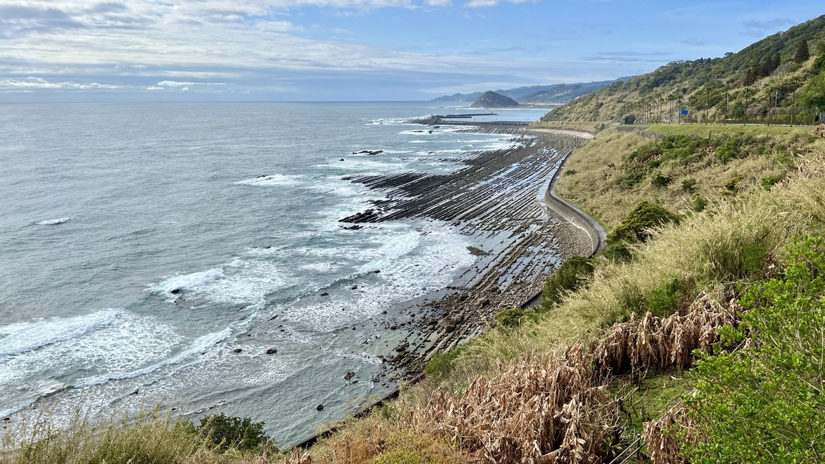 波が寄せる海岸線と遠くまで広がる水平線の景色