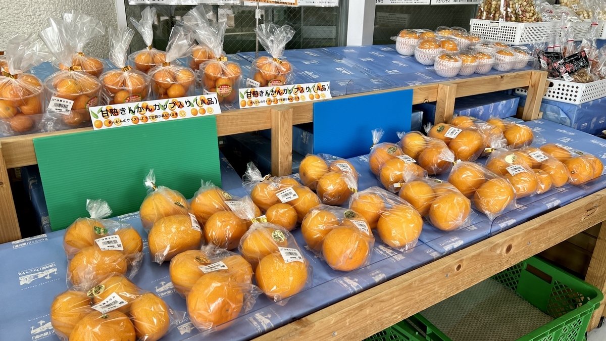 店内に並ぶマンゴーや柑橘など地域産の果物が並ぶ棚