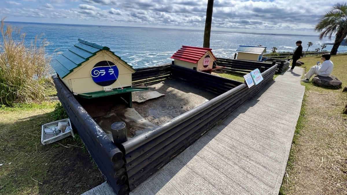 リクガメ小屋と放飼場が並ぶサンメッセ日南のリクガメコーナー