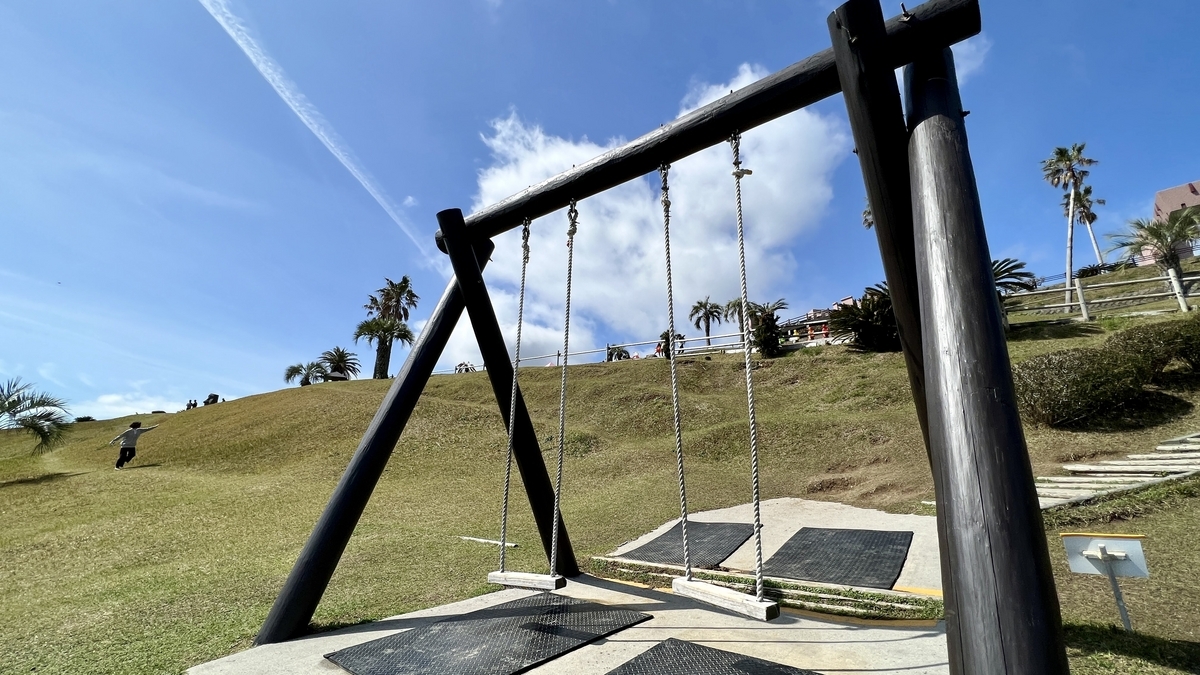 ブランコのフレーム越しに広がる芝生と海の景色