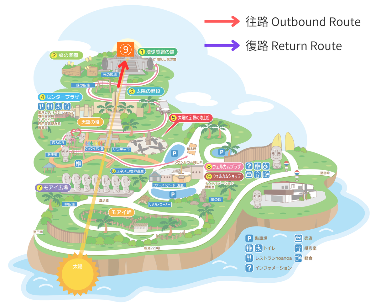 サンメッセ日南の太陽の階段と地球感謝の鐘の位置を示す園内マップ