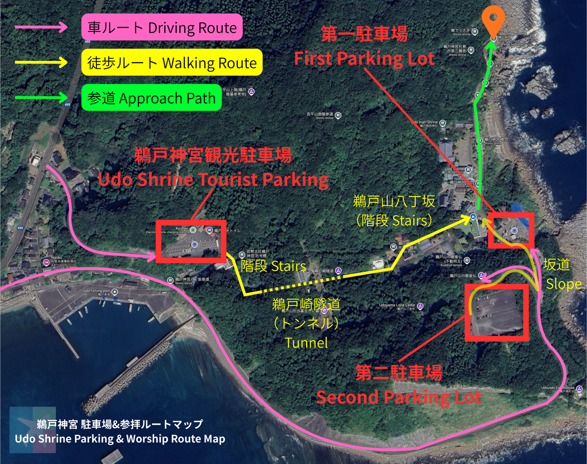 แผนที่แสดงตำแหน่งศาลเจ้าอุโดะ ลานจอดรถแต่ละจุด และเส้นทางเดินเชื่อมถึงกัน