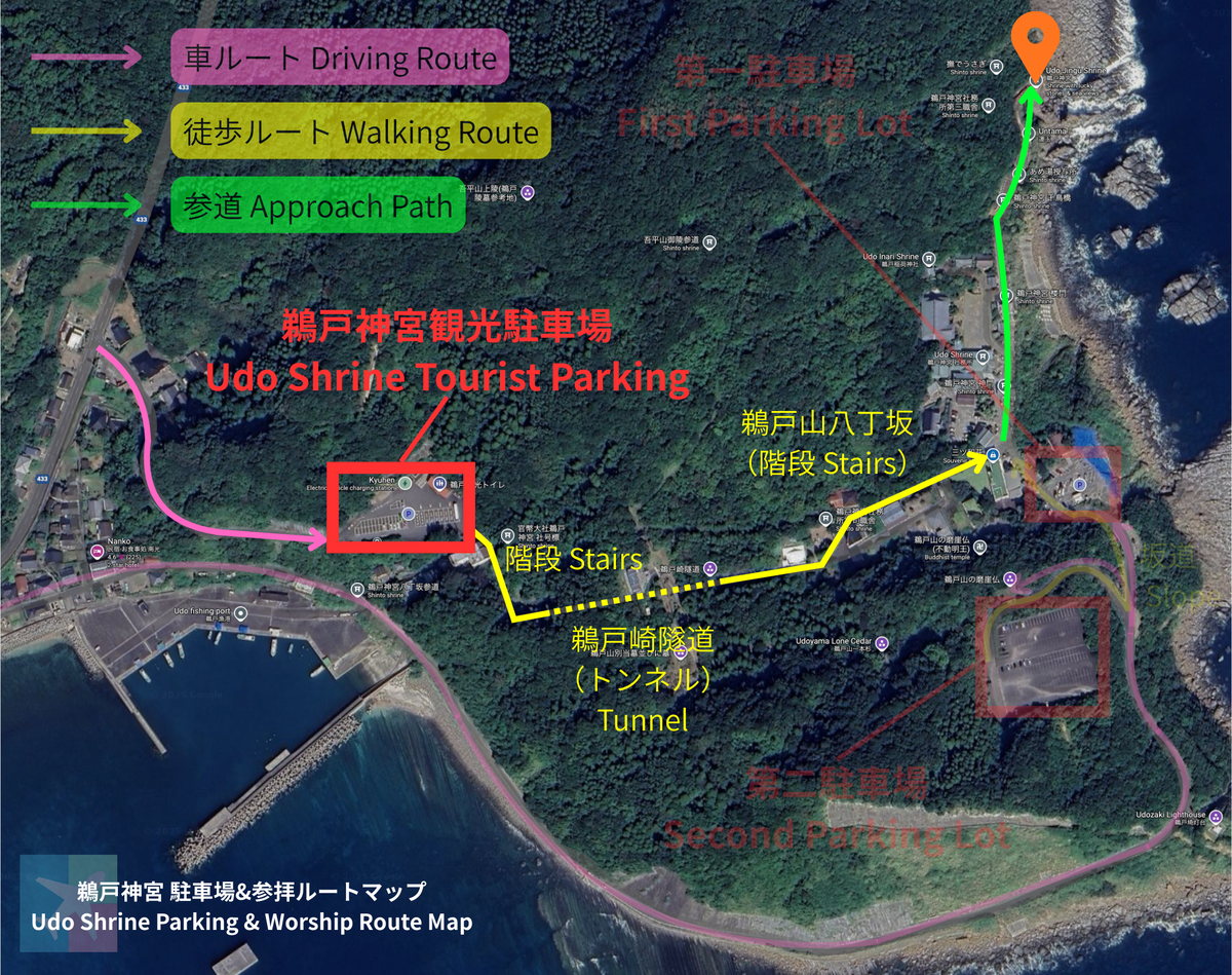แผนที่มุมกว้างที่แสดงลานจอดรถนักท่องเที่ยวและเส้นทางเดินไปยังศาลเจ้าหลัก
