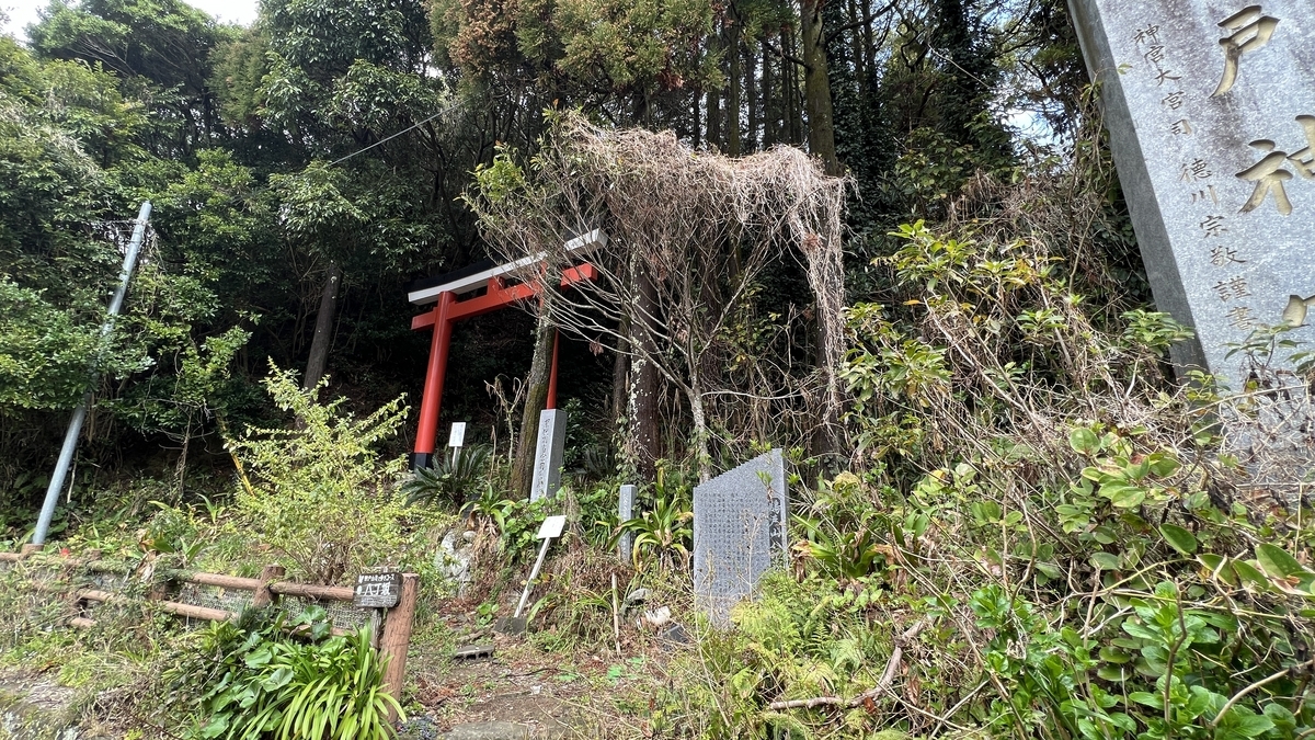 ทางเดินเขาที่ปกคลุมด้วยต้นไม้และเสาโทริอิสีแดงบนเส้นทางถนนสายหลักเดิม
