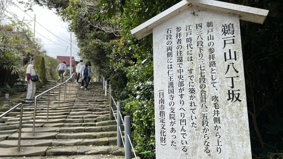 ป้ายข้อมูลของเนินอุโดะซังฮัตจโชซะกะและทางเข้าบันไดหินท่ามกลางธรรมชาติ