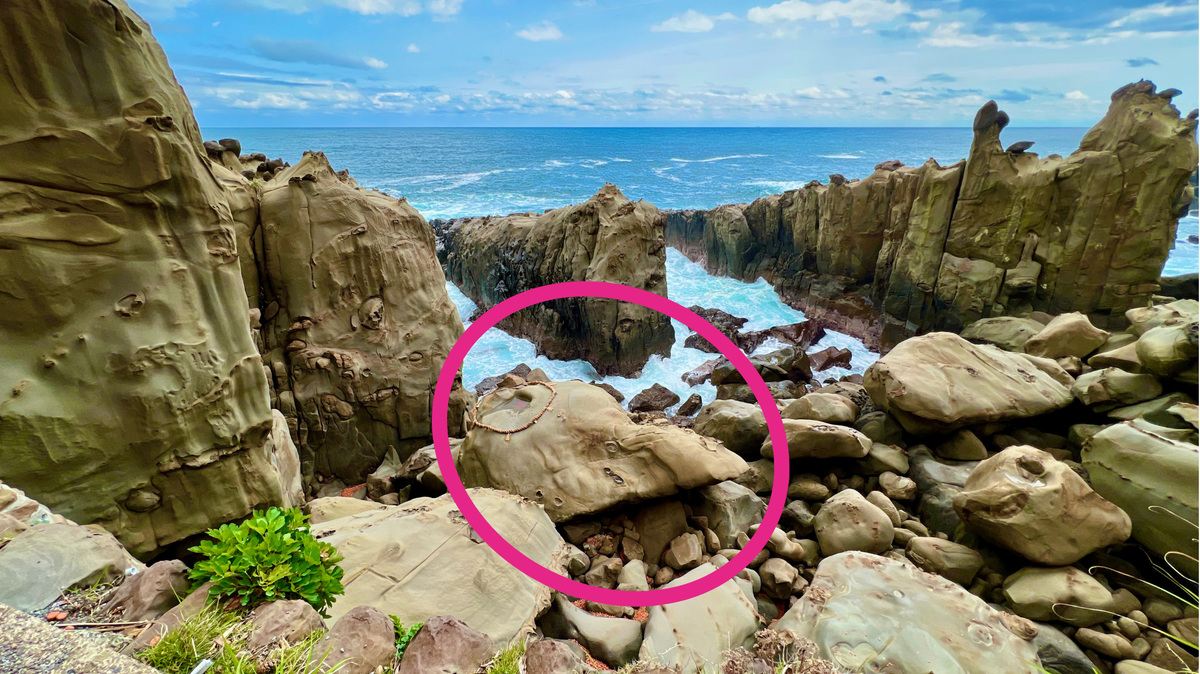 龟岩和作为运玉投掷目标的圆形绳圈放置的岩石区域