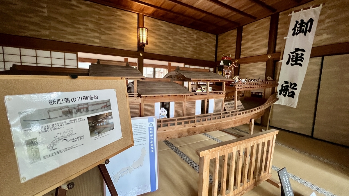 นิทรรศการแบบจำลองเรือโกซาบูเนะพร้อมแผงแสดงภายใน