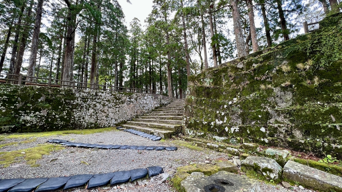 ทิวทัศน์ที่สวยงามของบันไดหินล้อมรอบด้วยป่าซีดาร์และกำแพงหินที่มีมอส