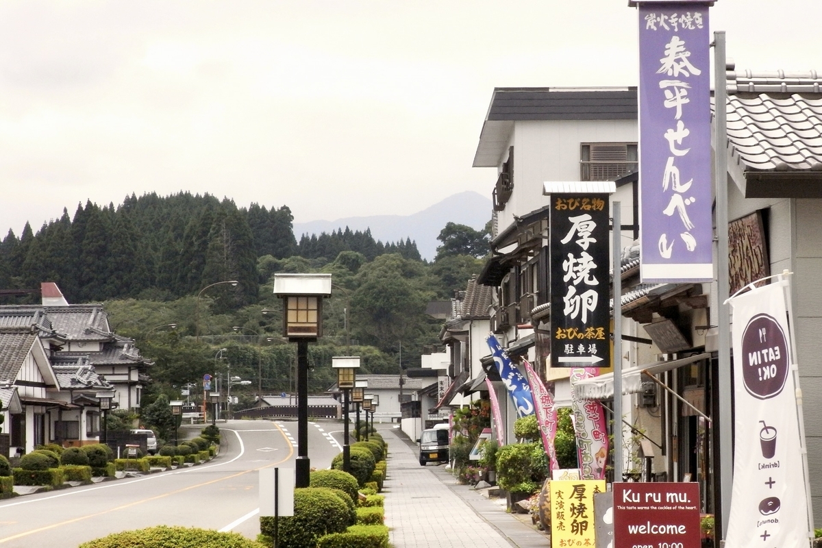 飫肥城下町の通りに古い町並みと旗が並び観光客が歩いている景観