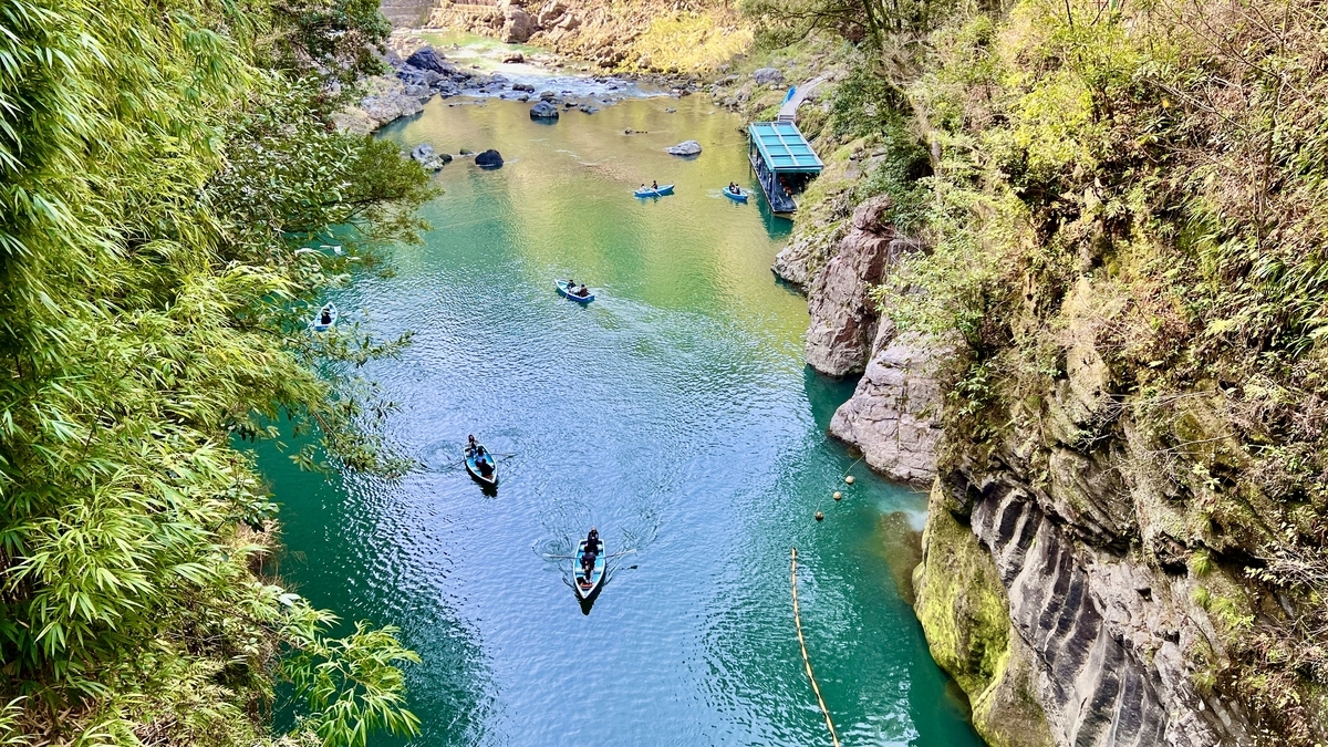 Rowboats on the river with waterfall in background
