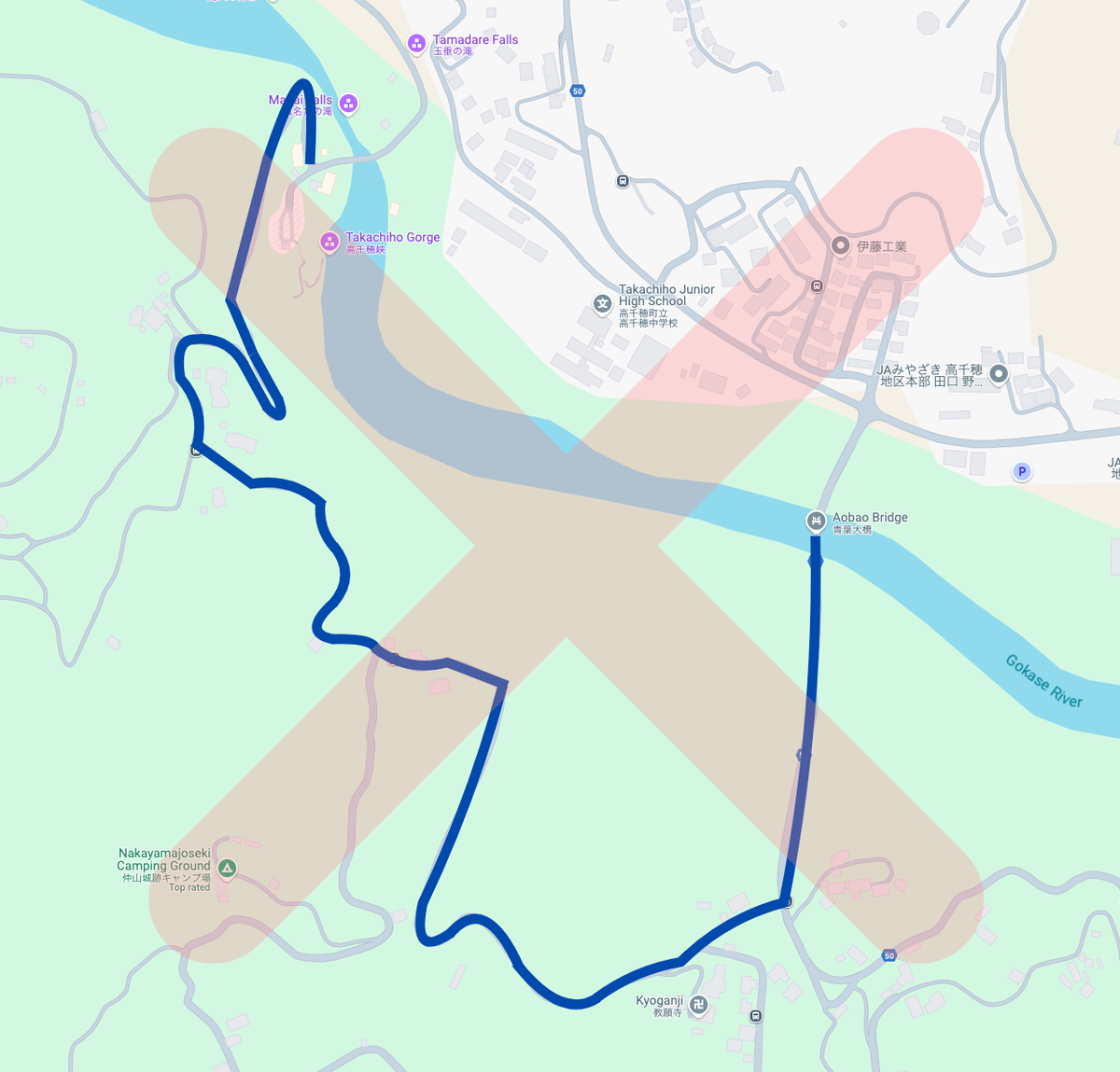 Map showing car route from Aoba Bridge to Daiichi Parking Lot