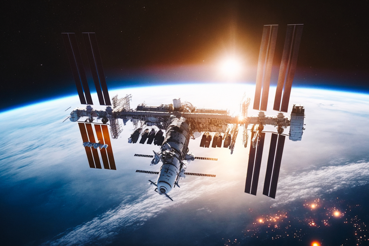 우주 공간에서 아침 햇살을 받아 빛나는 국제우주정거장과 지구의 곡선