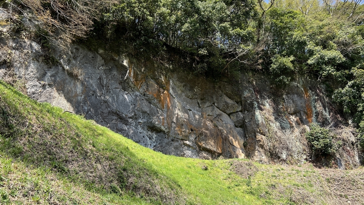 이끼와 풀로 덮인 아소 용결 응회암 표면