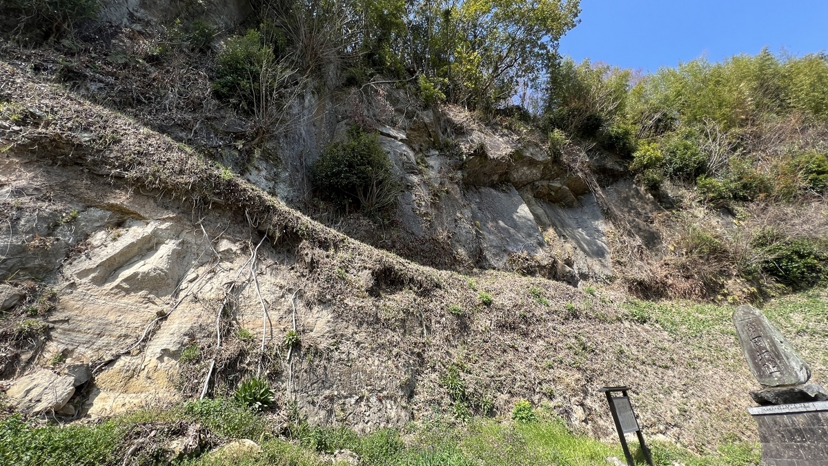 경사면에 안내판이 있는 아소 용결 응회암 절벽