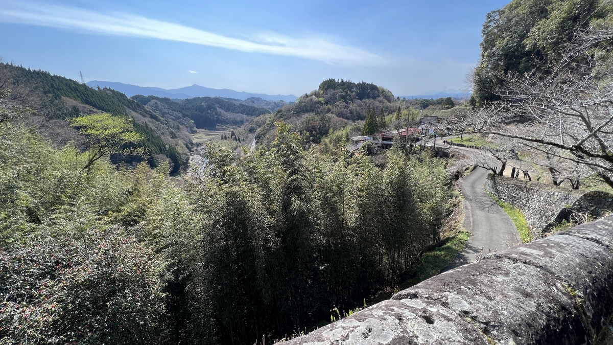 석벽 너머로 펼쳐진 계곡과 대나무 숲 전망