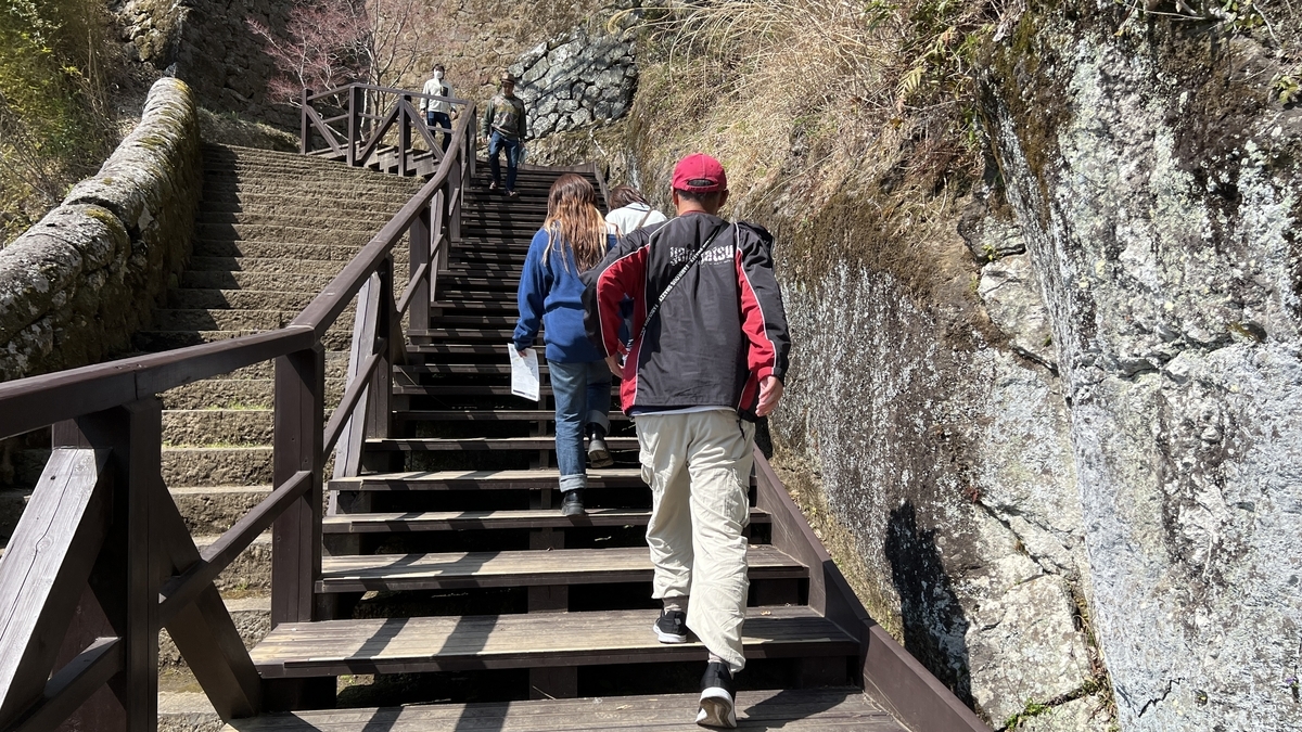 나무 계단과 돌계단 두 종류를 보여주는 오르막길