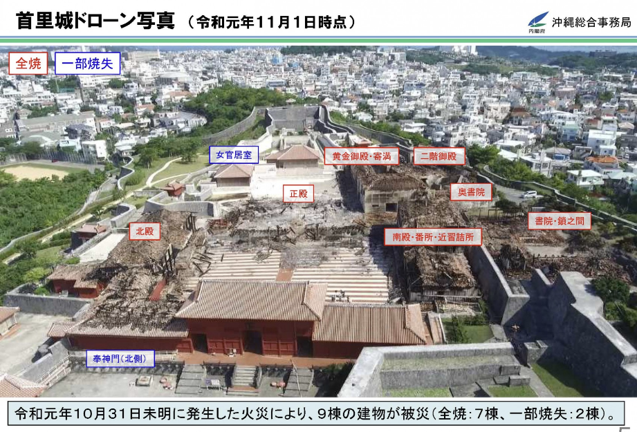 슈리성 화재 직후 드론 사진으로 소실 범위와 시설명을 표시한 그림