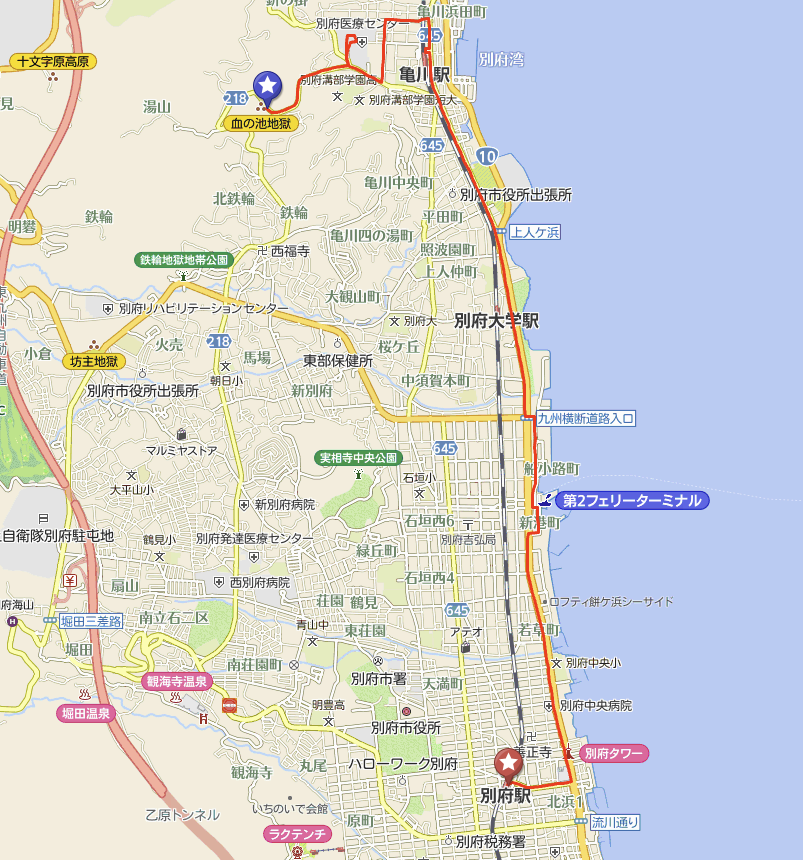 從別府站到血之池地獄方向的巴士路線圖