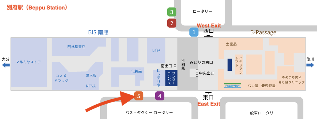 標註東口巴士站台和5號站台的別府站站內圖