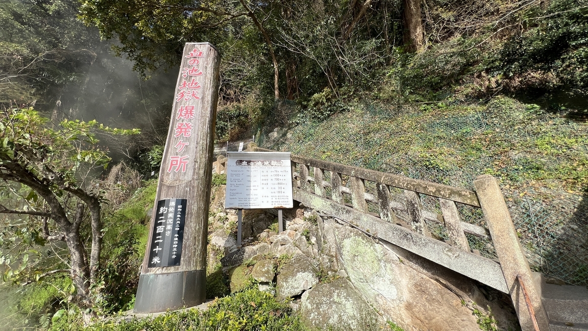 Letrero de madera marcando el sitio de explosión y escalones de piedra que conducen al observatorio