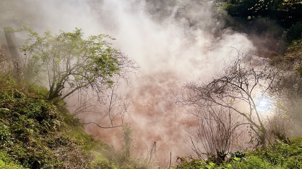Superficie de la piscina teñida de rojo visible entre los árboles de la ladera verde y el vapor blanco en Chinoike Jigoku