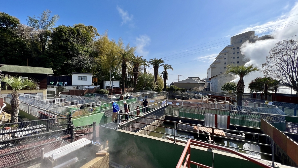 오니야마 지고쿠 악어원과 온천 증기가 피어오르는 사육 연못 전경