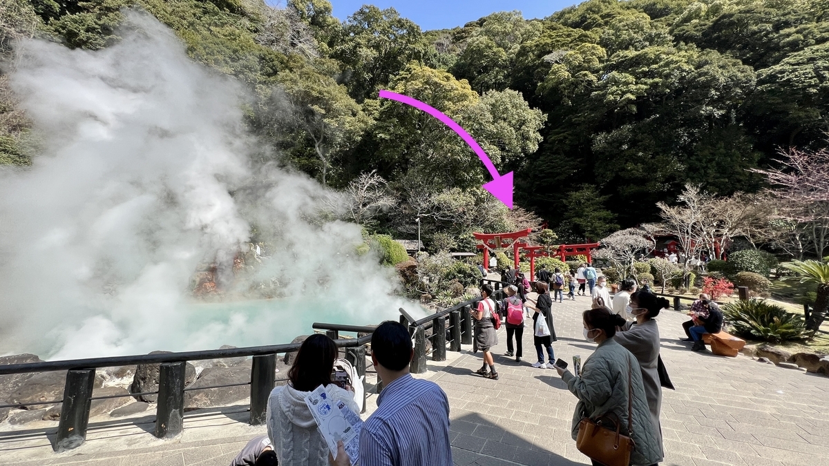 우미지고쿠 관람로에서 보이는 하쿠류이나리오카미의 주홍색 도리이와 참배길