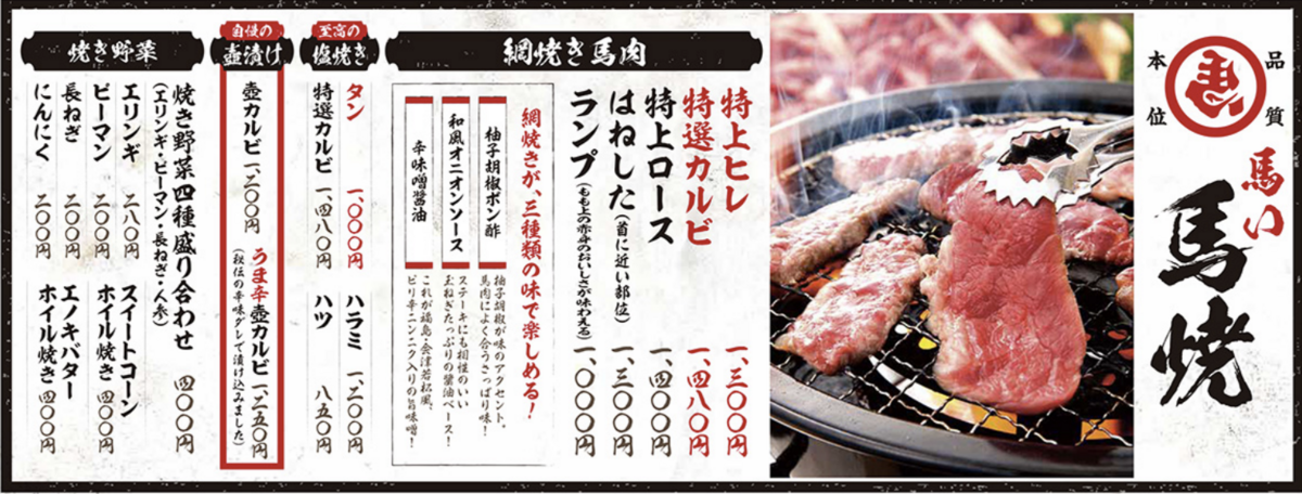 马肉烤肉菜单价格表和炭烤马肉照片