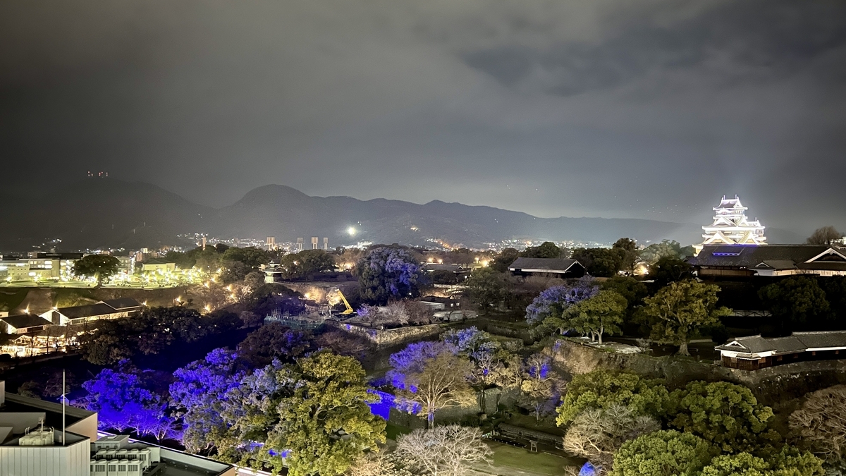 从熊本市政厅14楼观景大厅俯瞰熊本城天守阁和被蓝紫色灯光照亮的城内树木