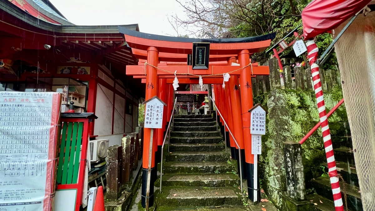 이끼 낀 돌계단으로 이어지는 작은 주홍빛 도리이와 안내판