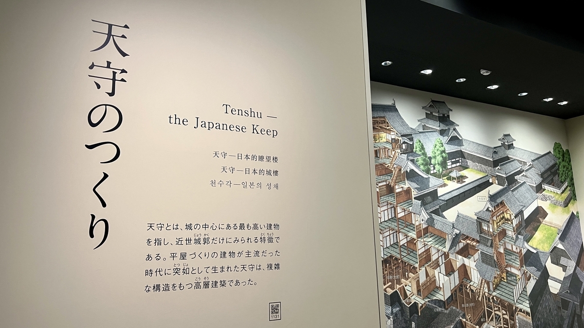 천수각 구조에 대한 해설문과 성곽 내부 구조 일러스트 패널이 늘어선 전시