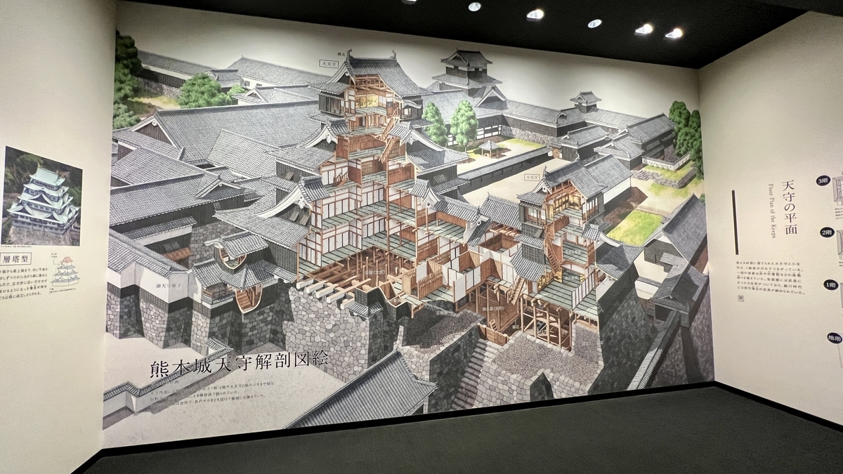 구마모토성 천수각의 평면도와 단면도를 그린 대형 해부도 일러스트 전시