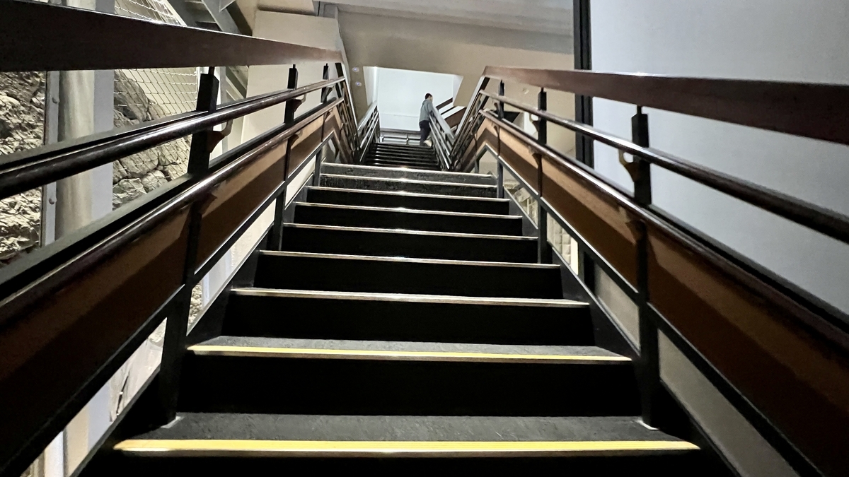 상층으로 이어지는 손잡이 달린 직선 계단을 올려다보는 천수각 내부 통로