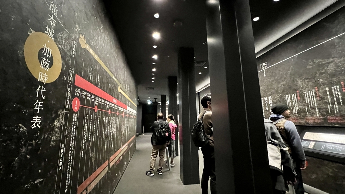 벽 전체에 그려진 구마모토성 가토 시대 연표를 읽는 방문객들의 전시 통로