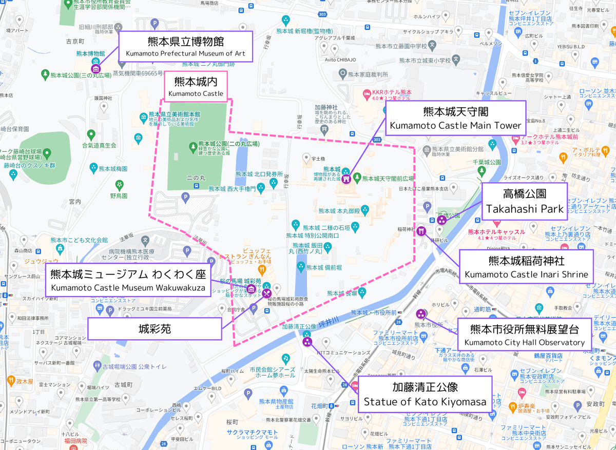 구마모토성과 주변 관광 스팟의 위치 관계를 보여주는 지도와 각 스팟명 라벨