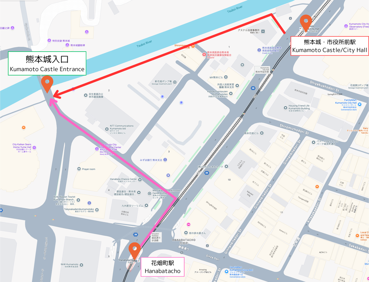 나가베이 장벽을 따라 구마모토성 입구까지의 도보 경로를 보여주는 지도