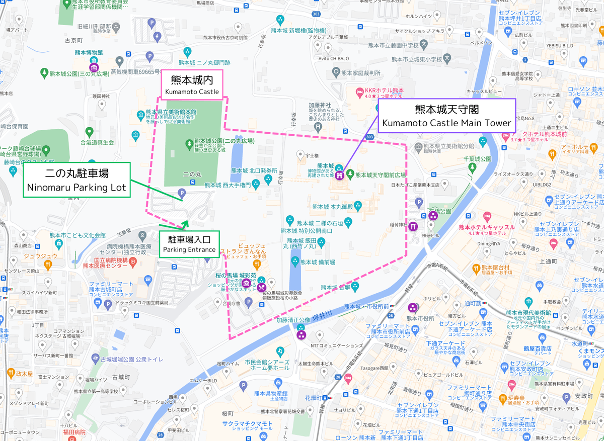 구마모토성 주변 지도에 니노마루 주차장 위치와 주차장 입구를 보여주는 안내도