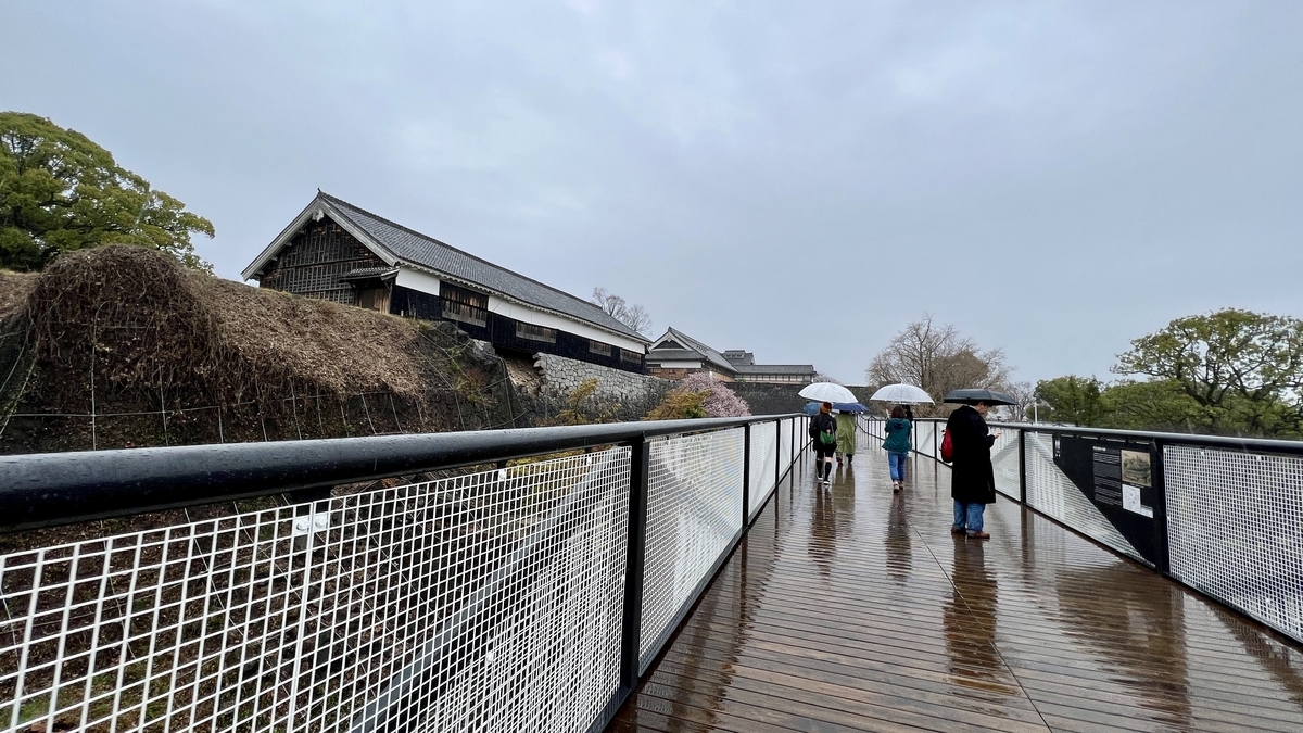 비 오는 날 나무 데크 통로의 남쪽 루트 특별 견학 통로를 걷는 관광객