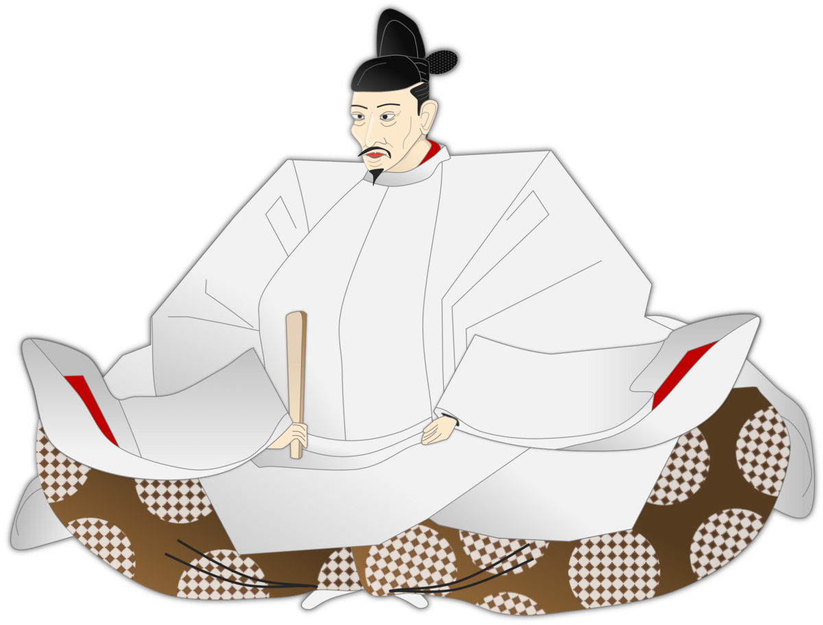 Ilustracion de Toyotomi Hideyoshi con un sombrero eboshi y una tunica blanca kariginu sentado
