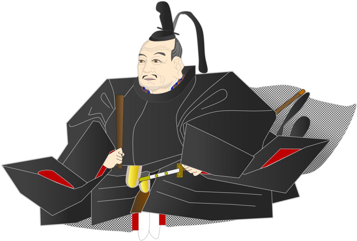 Ilustracion de Tokugawa Ieyasu sentado con tunica negra kariginu, sombrero eboshi y espada