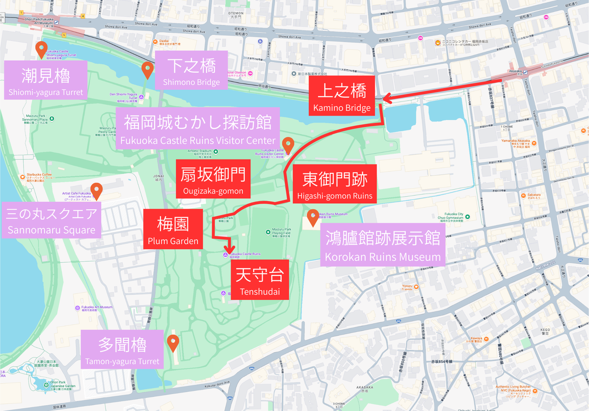 用紅色箭頭標示從上之橋到天守台散步路線的福岡城遺址地圖