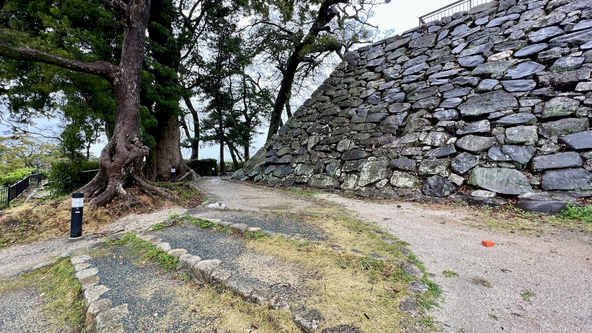 天守台高聳的石牆和通道旁排列的大樹