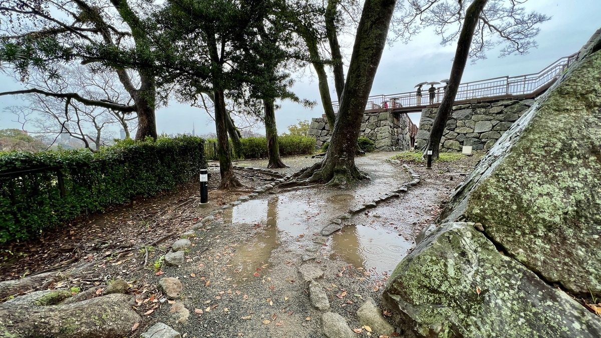 雨後濕潤的小道，越過水窪可見天守台觀景台