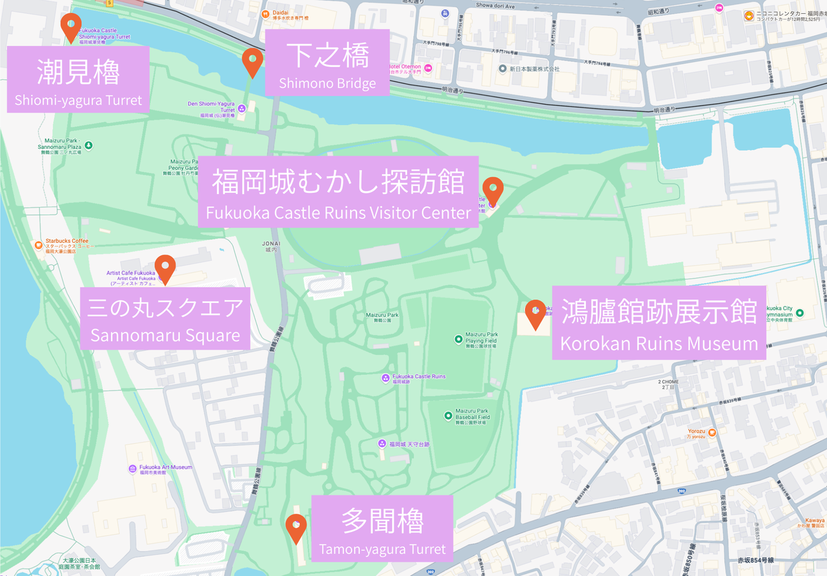 顯示福岡城遺址周邊主要設施和櫓位置的導覽地圖