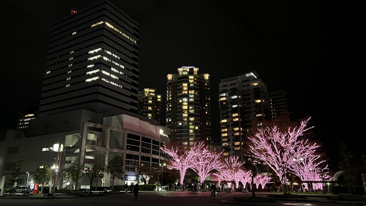 Pink-lit trees and plaza at night with high-rise buildings in the background