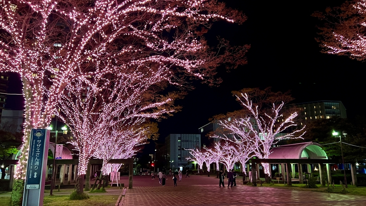 Cherry blossom-pink lights covering tree branches near a Sazae-san Street sign
