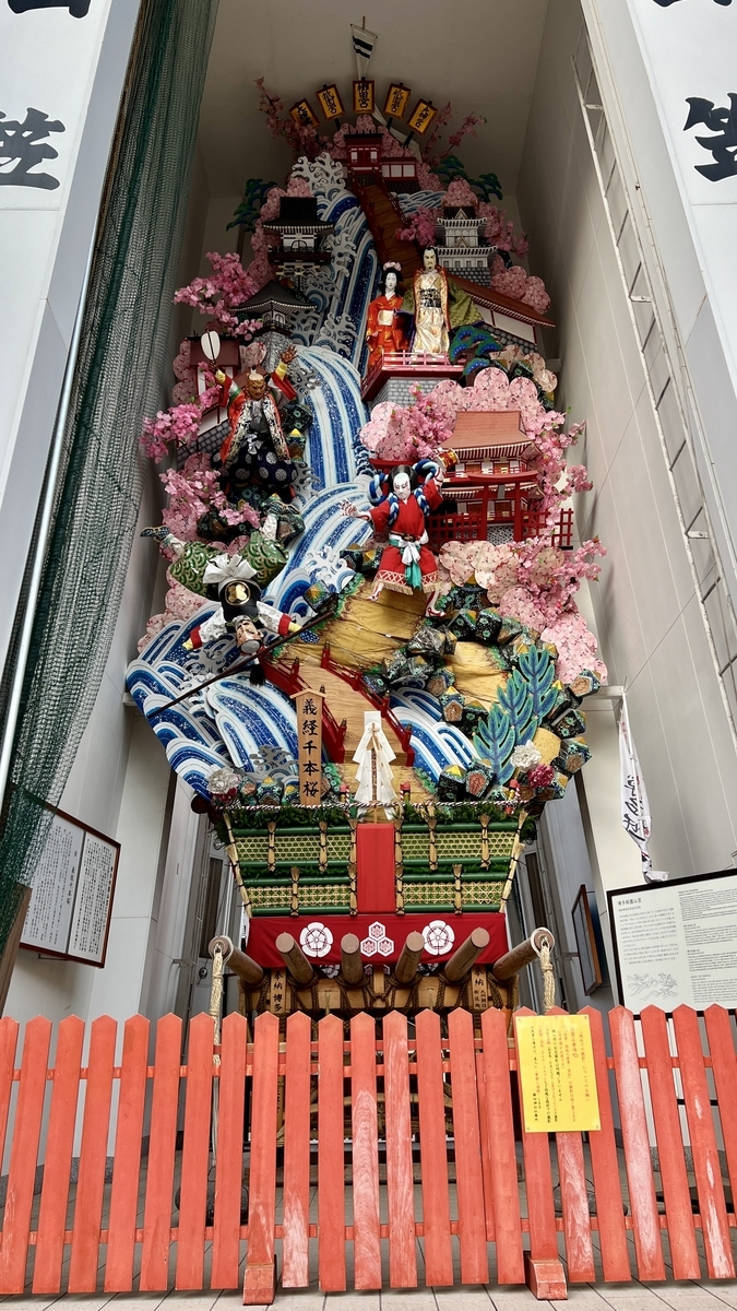 武者や桜の飾りが立体的に並ぶ飾り山笠の正面