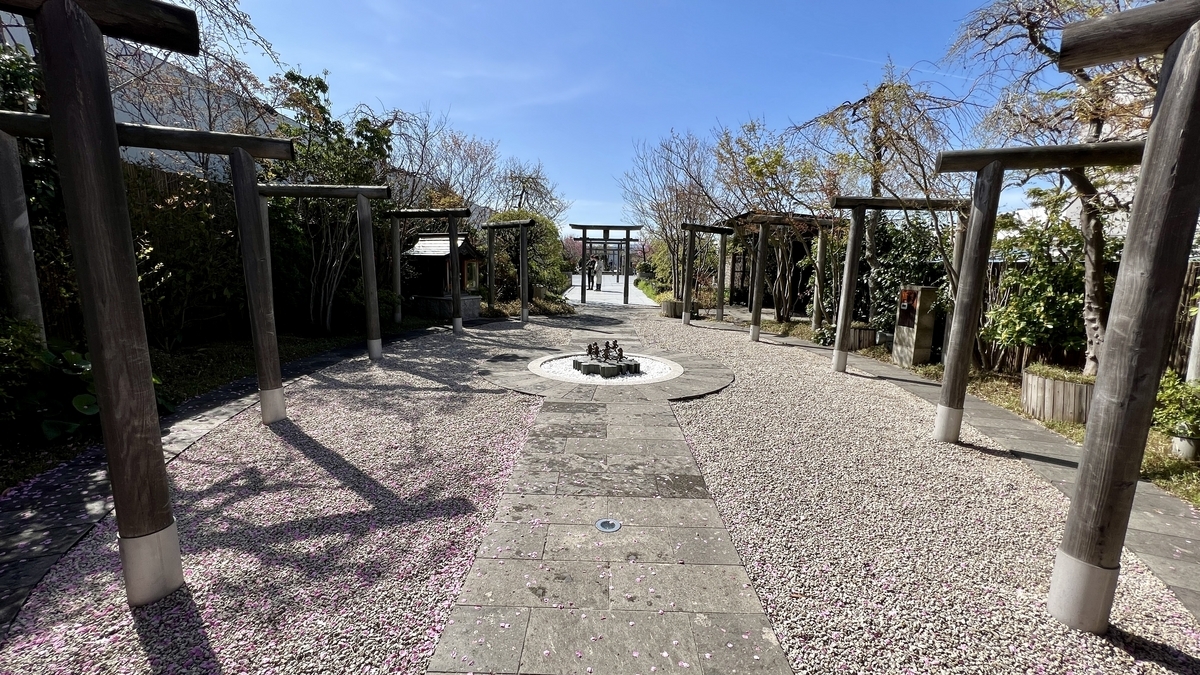 Wooden torii gates and a circular stone lantern lining the stone-paved approach in the rooftop garden